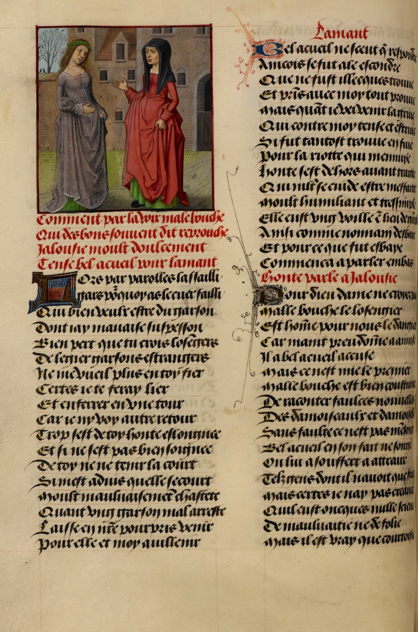 Miniatűr Jalousie (Féltékenység) Bel Accueil-lel (Fair Welcome) beszél a Le Roman de la Rose című filmből alkotó: Master of the Dresden Prayer Books