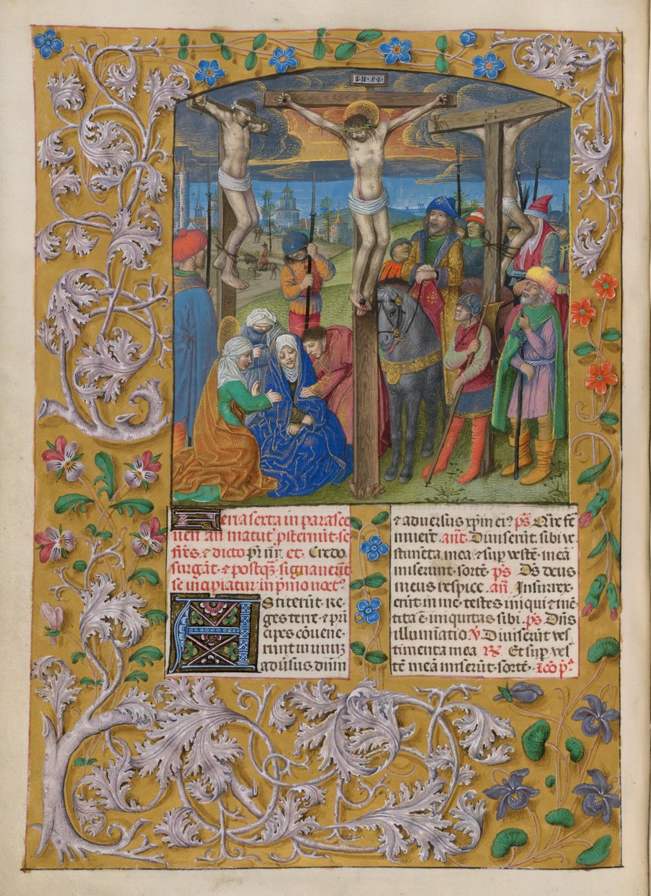 Temporale (1. rész: Advent első vasárnapjától Nagyszombatig). A keresztre feszítés (nagypéntek). Virágos díszítésű szegély. Két oszlopnyi szöveg két kezdőbetűvel. alkotó: Master of the Dresden Prayer Books