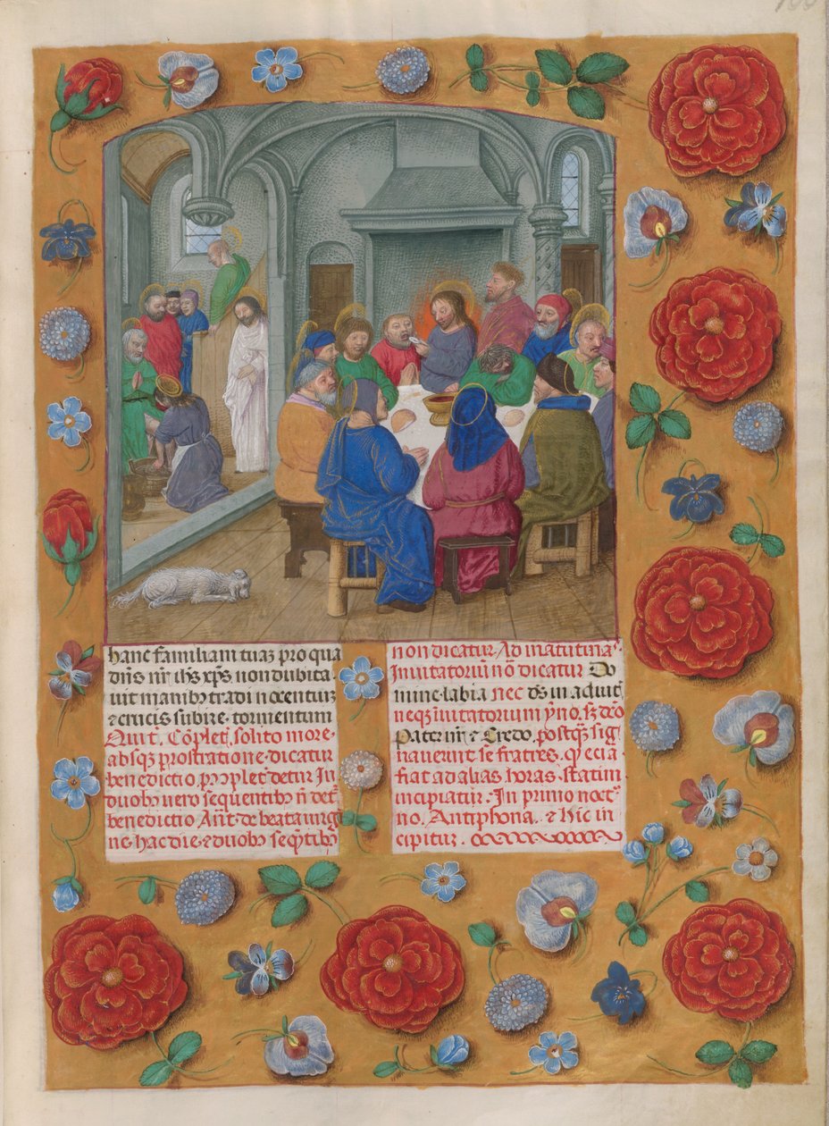 Temporale (1. rész: Advent első vasárnapjától Nagyszombatig). Az utolsó vacsora (nagycsütörtök, Matins). Virágos díszítésű szegély. Két oszlopnyi szöveg. alkotó: Master of the Dresden Prayer Books