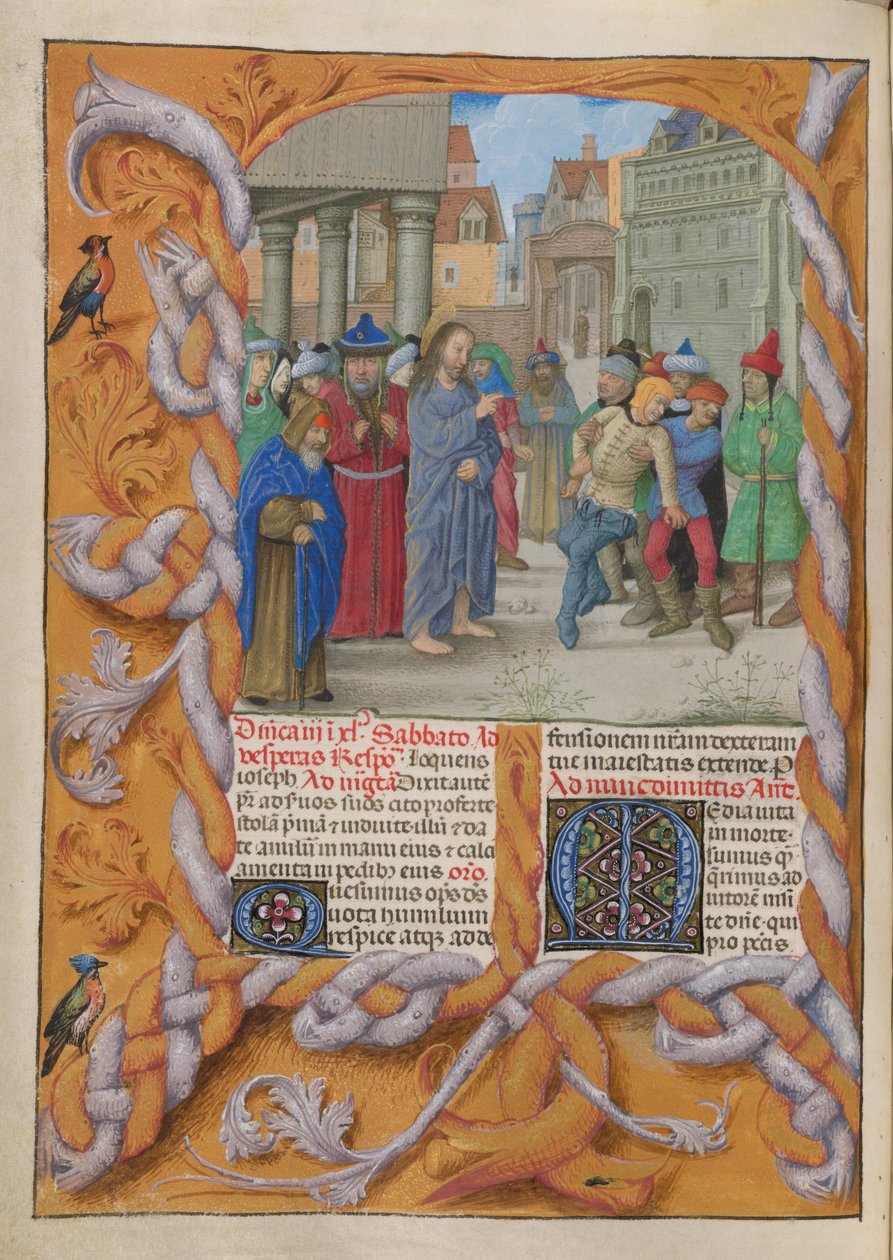 Temporale (1. rész: Advent első vasárnapjától Nagyszombatig). Krisztus kiűz egy néma ördögöt (böjt harmadik vasárnapja). Szegély és két oszlopnyi szöveg, kezdőbetűkkel. alkotó: Master of the Dresden Prayer Books