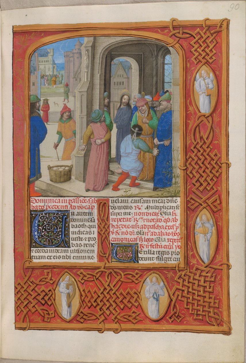 Temporale (1. rész: Advent első vasárnapjától Nagyszombatig). A zsidók azzal fenyegetőznek, hogy megkövezik Krisztust a Salamon templomban elkövetett istenkáromlásért (passióvasárnap). Angyalokat tartalmazó szegély. Két oszlopnyi szöveg. alkotó: Master of the Dresden Prayer Books