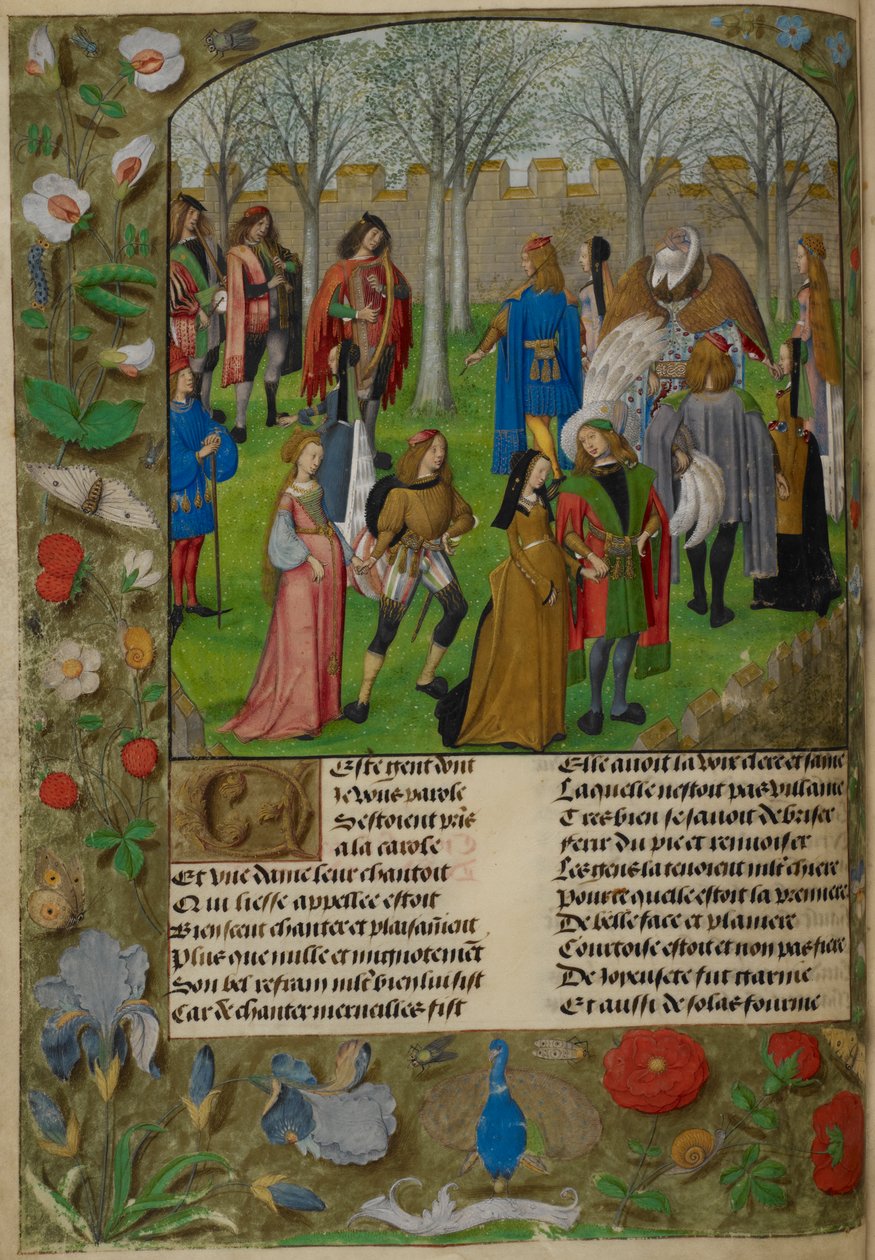 Carolle a kertben. A szeretőt meghívják, hogy táncoljon a Sir Mirth és Lady Gladness által vezetett párokkal a "Le Roman de la Rose"-ból. alkotó: Master of the Dresden Prayer Books