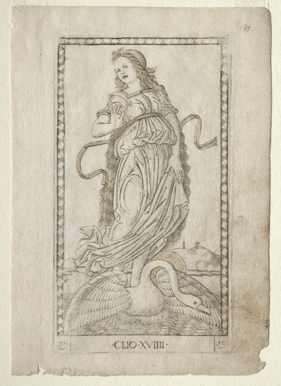 Clio története a Tarocchi sorozatból D: Apollo and the Muses, #19, 1467 előtt. alkotó: Master of the E Series Tarocchi