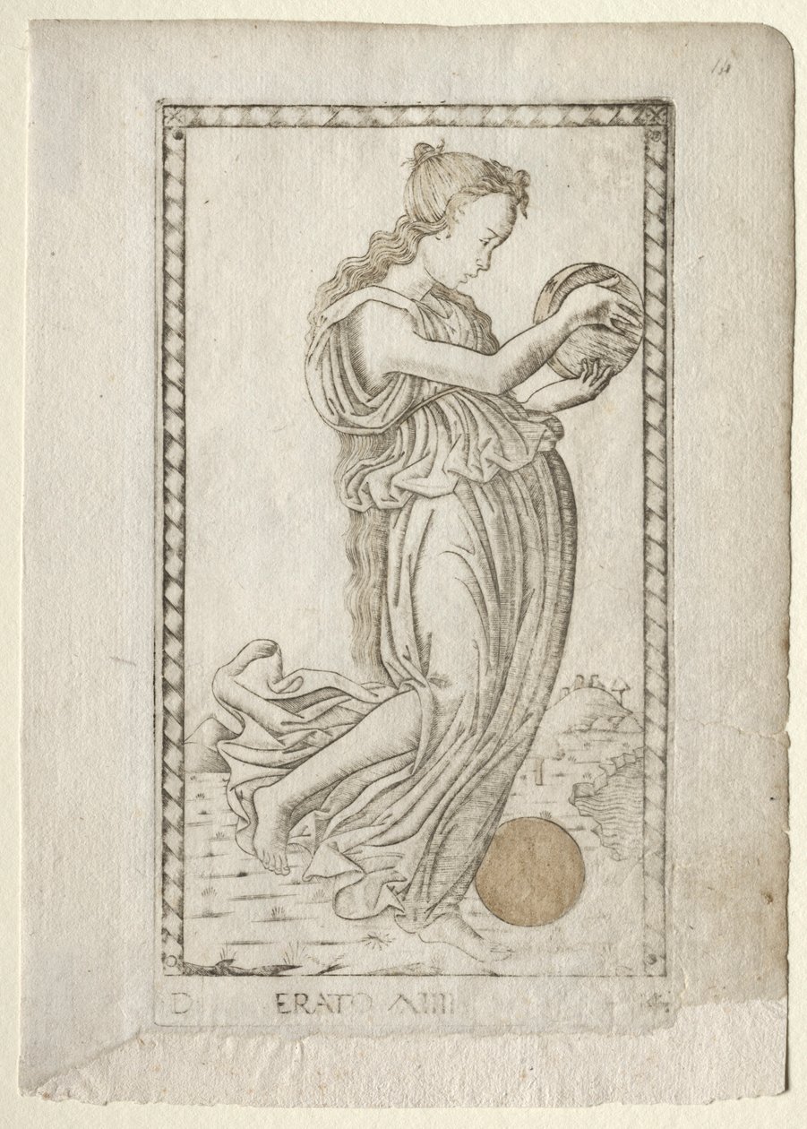 Erato líra és szerelmi költészet a Tarocchi D... sorozatból, 1467 előtt. alkotó: Master of the E Series Tarocchi