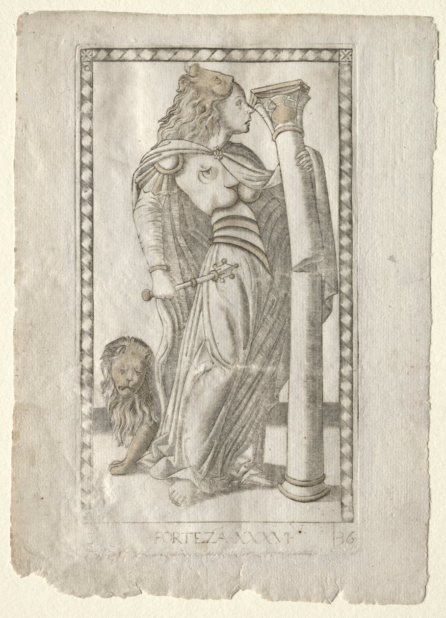 Forteza a Tarocchiból, B sorozat: Kozmikus alapelvek és erények, 36. szám, 1467 előtt. alkotó: Master of the E Series Tarocchi