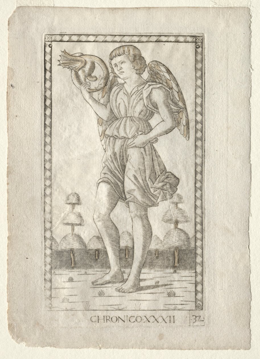 Az idő géniusza a Tarocchiból, B sorozat: Kozmikus alapelvek és erények, 32. szám, 1467 előtt. alkotó: Master of the E Series Tarocchi