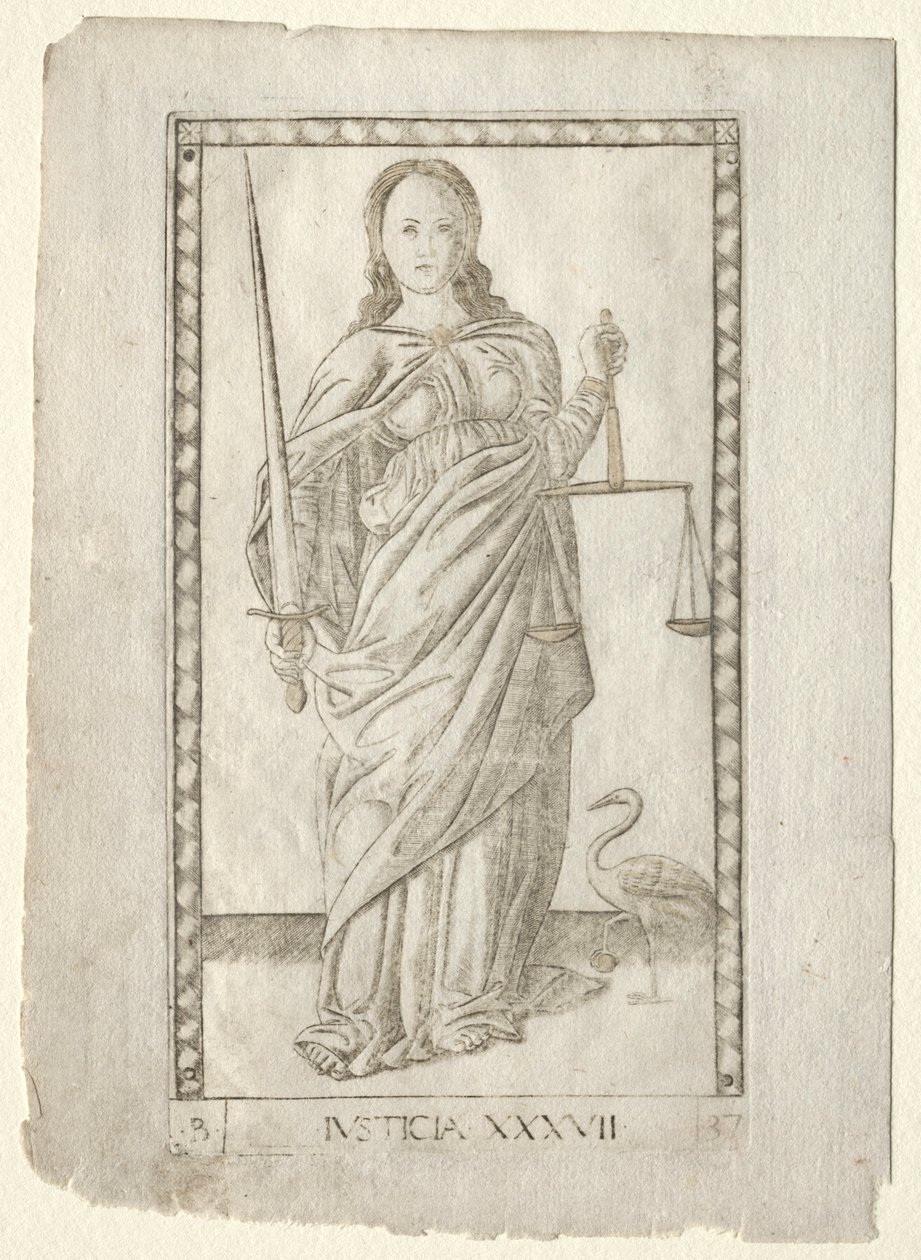 Justice from the Tarocchi, B sorozat: Cosmic Principles & Virtues, 37. szám, 1467 előtt. alkotó: Master of the E Series Tarocchi