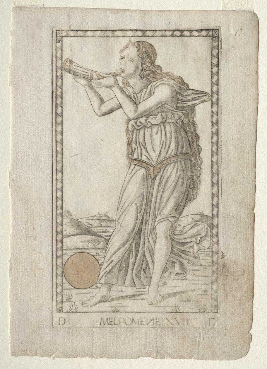 Melpomene (tragédia) (a Tarocchi D: Apollo and the Muses, 17. számú sorozatából) alkotó: Master of the E Series Tarocchi