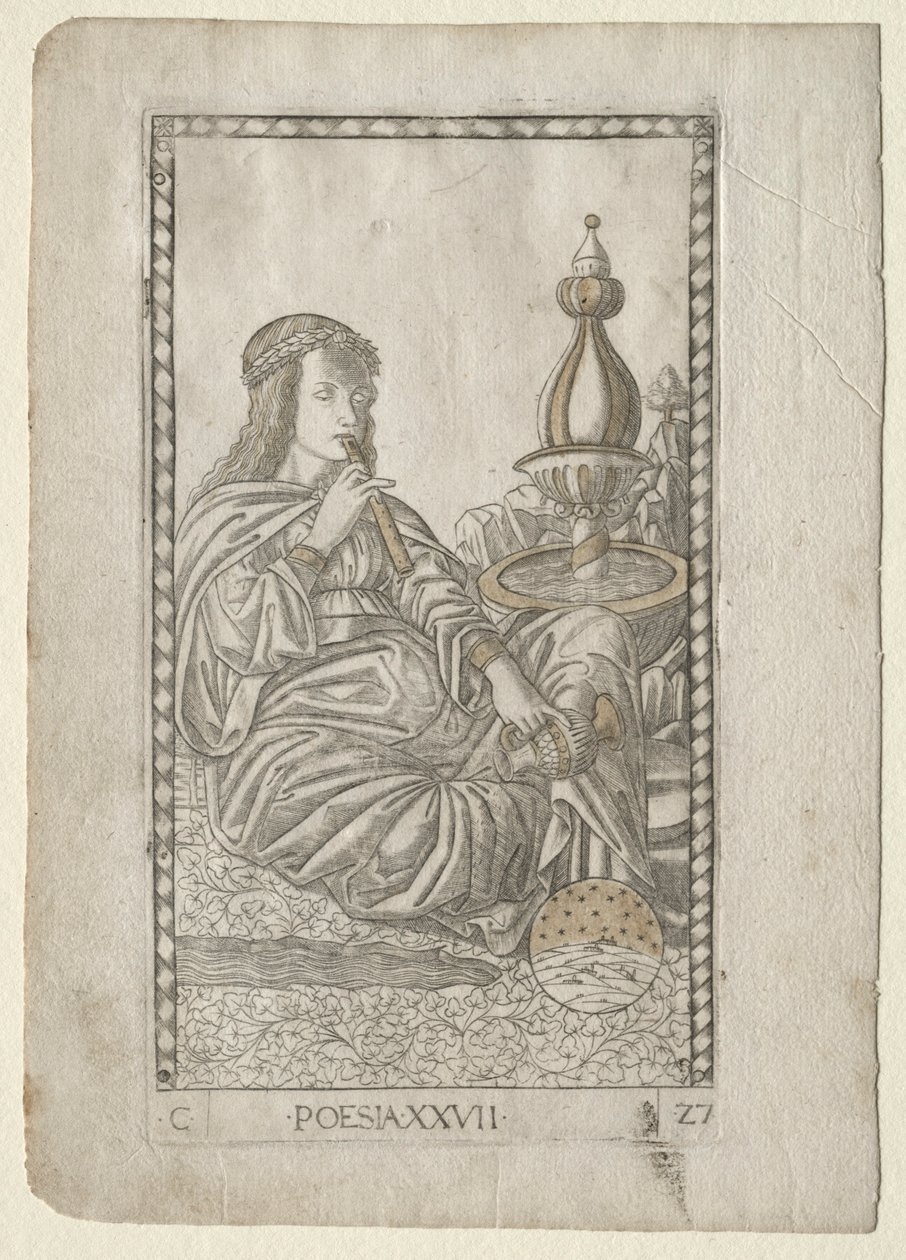 Költészet a Tarocchiból, C sorozat: Liberal Arts, 27. szám, 1467 előtt. alkotó: Master of the E Series Tarocchi