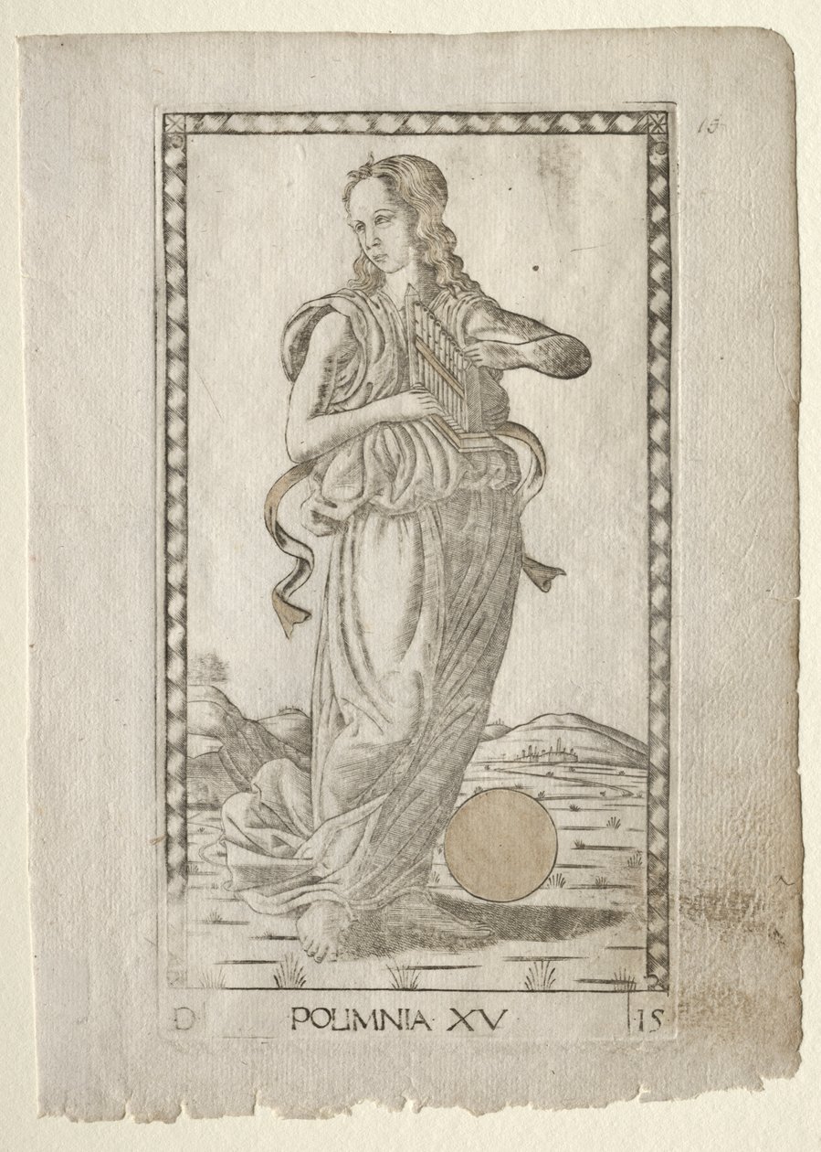 Polyhymnia (hősi himnuszok) (a Tarocchi D sorozatból: Apollo and the Muses, #15) alkotó: Master of the E Series Tarocchi