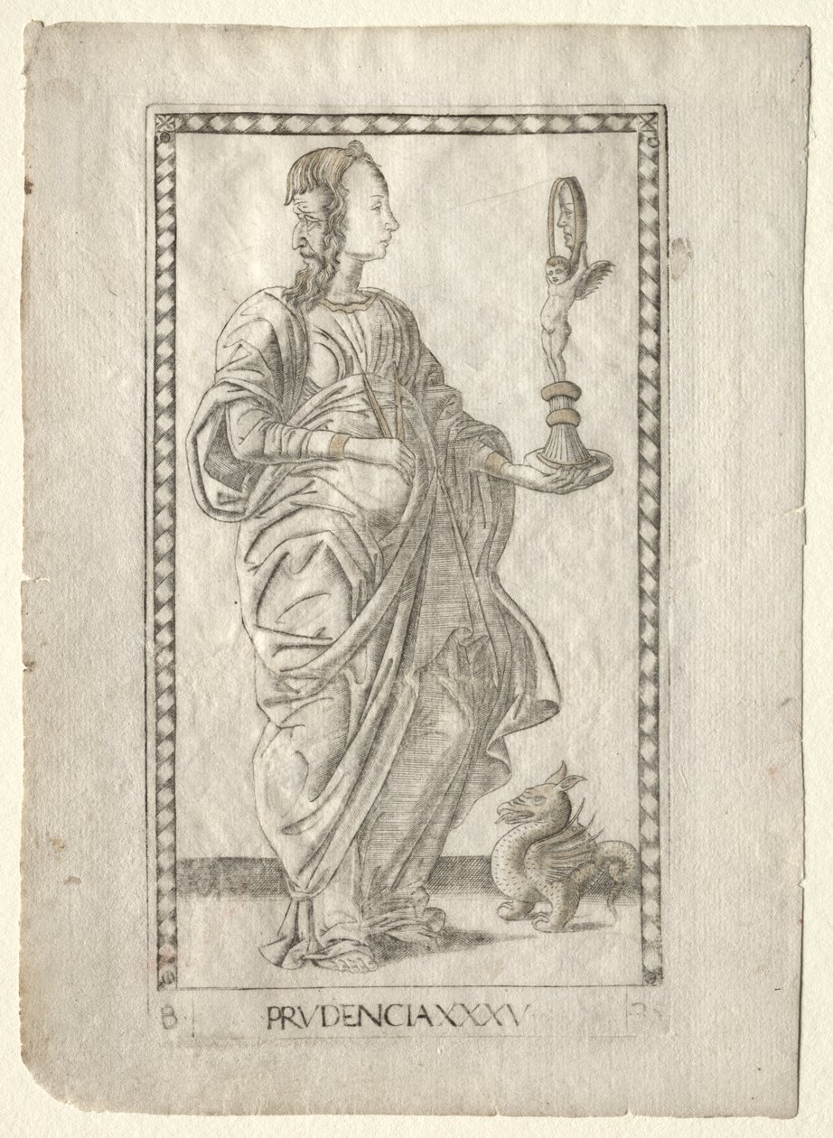 Prudence (a Tarocchiból, B sorozat: Kozmikus alapelvek és erények, 35. szám) alkotó: Master of the E Series Tarocchi
