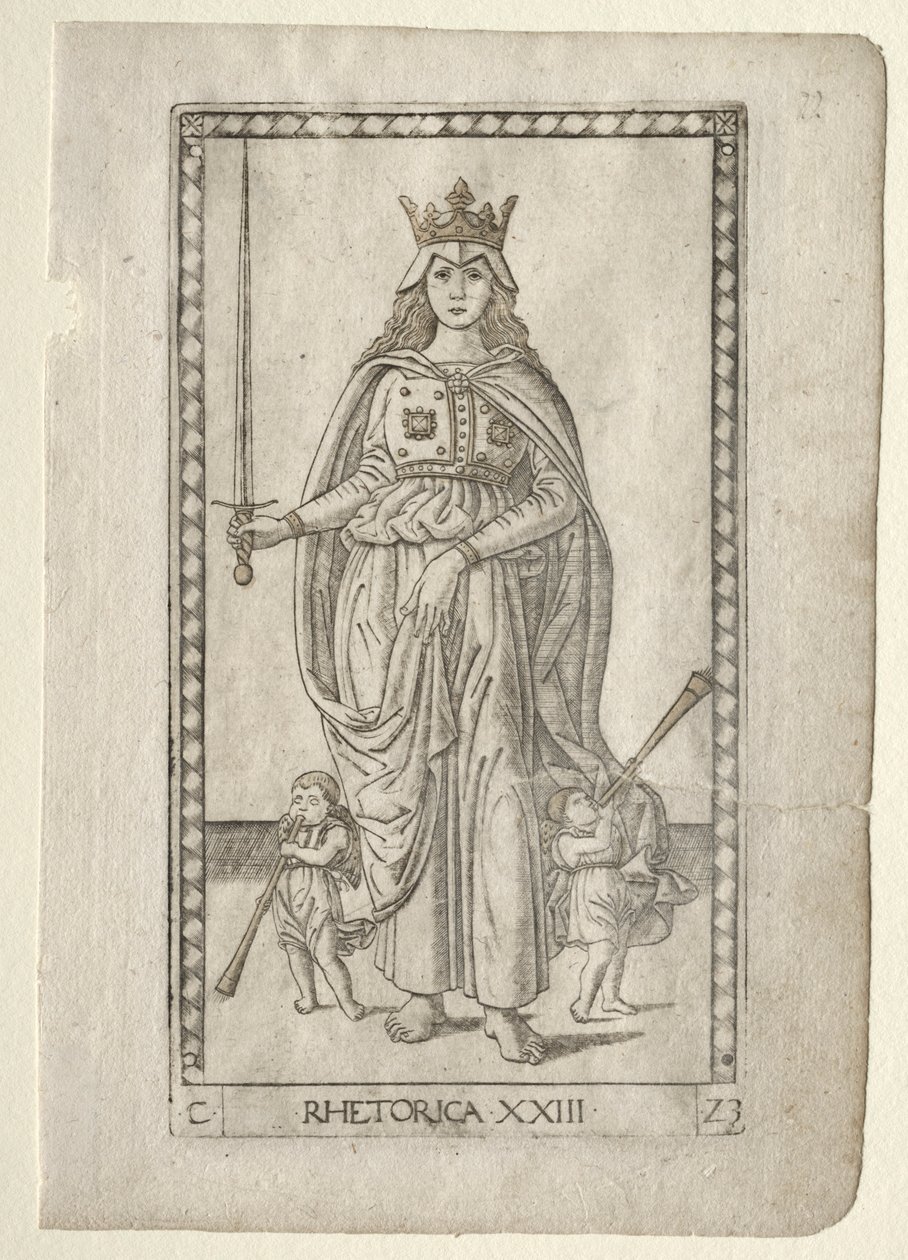 Retorika a Tarocchiból, C sorozat: Liberal Arts, 23. szám, 1467 előtt. alkotó: Master of the E Series Tarocchi