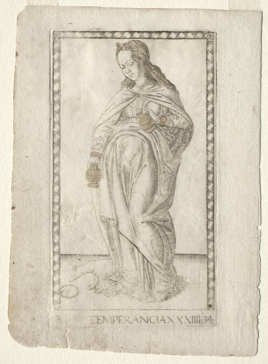 Mértékletesség (a Tarocchiból, B sorozat: Kozmikus alapelvek és erények, 34. szám) alkotó: Master of the E Series Tarocchi