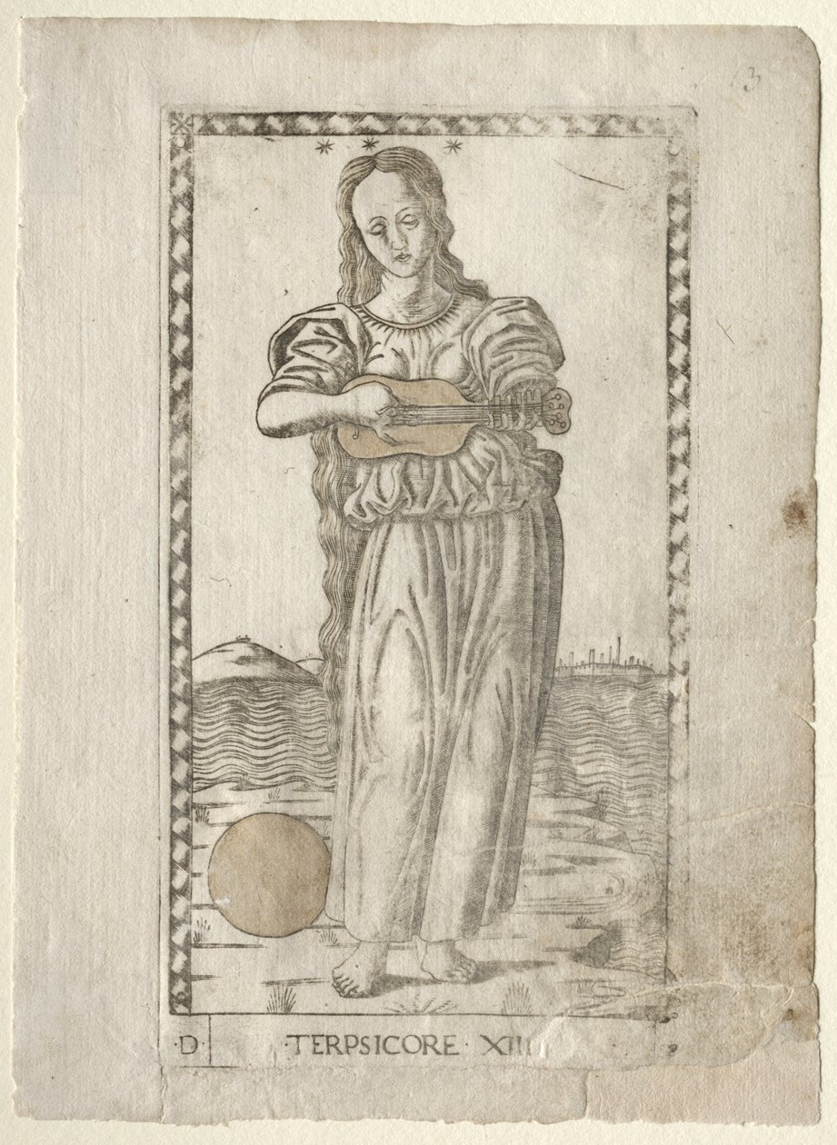 Terpsichore (tánc és dal) (a D: Apollo and the Muses, 13. számú Tarocchi sorozatból) alkotó: Master of the E Series Tarocchi