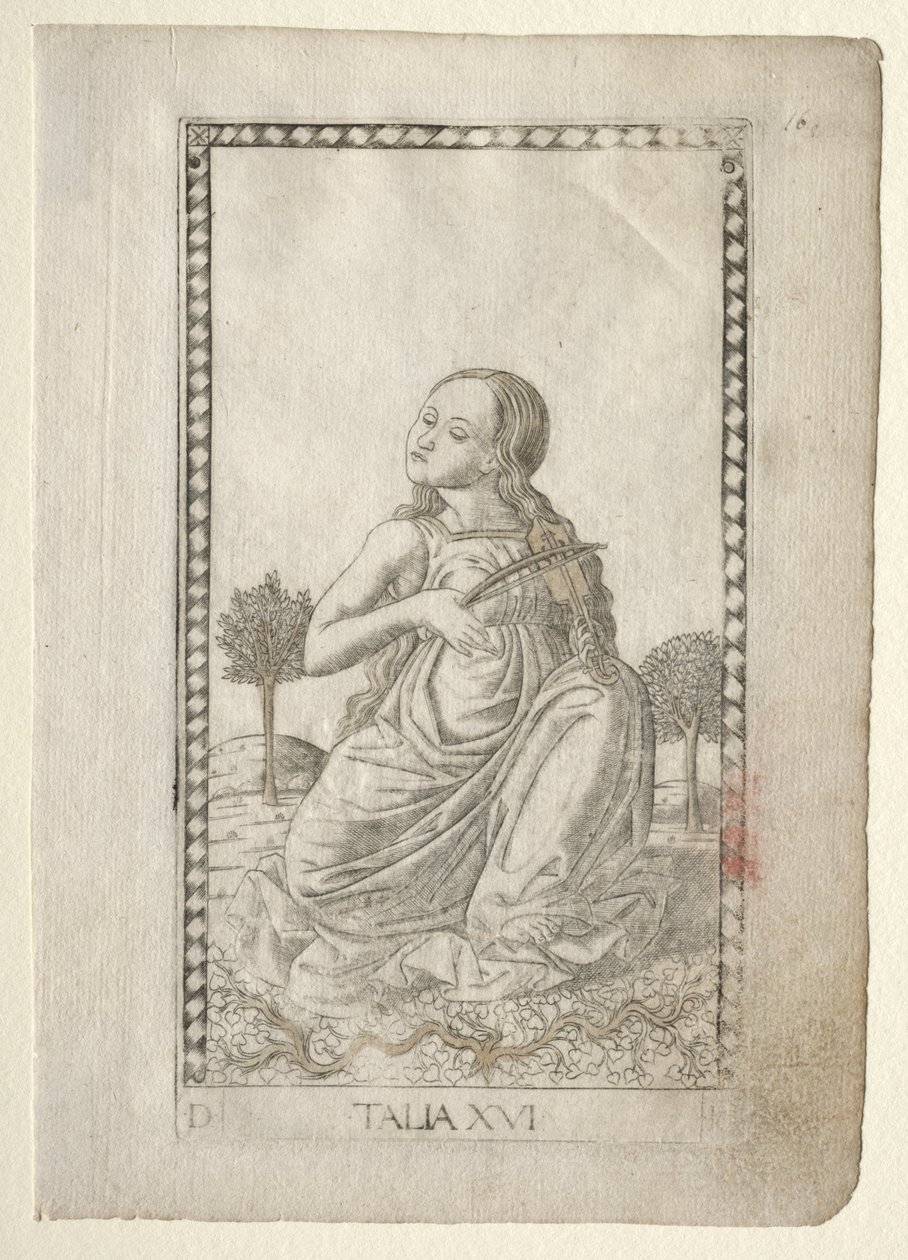 Thalia (vígjáték, pásztorköltészet) (a Tarocchi sorozatból D: Apollo and the Muses, #16) alkotó: Master of the E Series Tarocchi