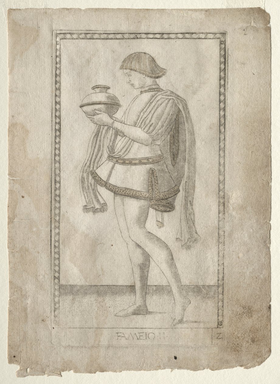 A Tarocchi szolgája, E sorozat: Conditions of Man, 2. szám, 1467 előtt. alkotó: Master of the E Series Tarocchi