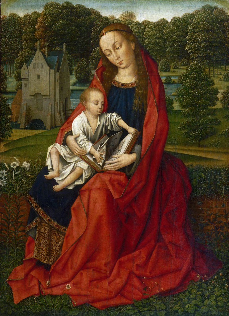 holland: Maria met kind Szűz és gyermeke egy tájképben alkotó: Master of the Embroidered Foliage