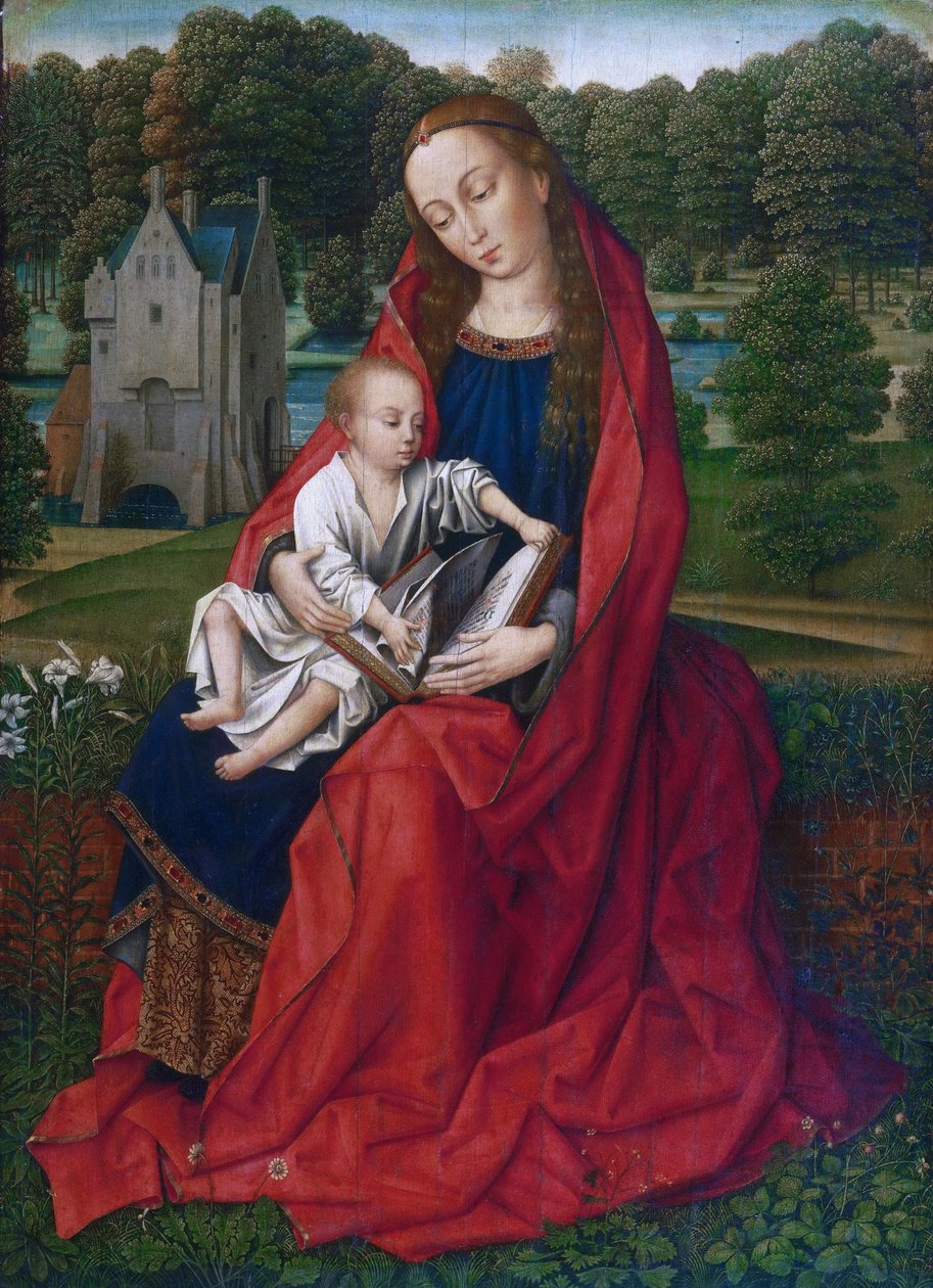holland: Maria met kind Szűz és gyermeke egy tájképben alkotó: Master of the Embroidered Foliage
