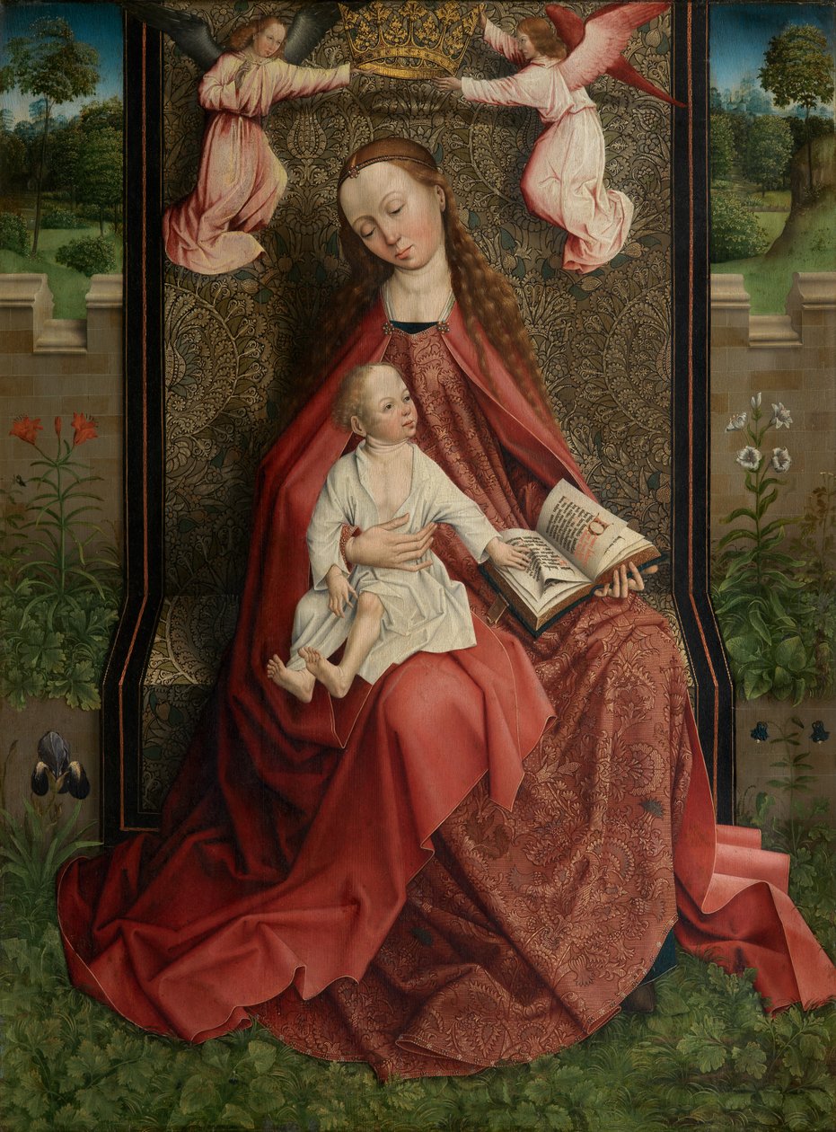 Az angyalok által koronázott Madonna (olaj a panelen) alkotó: Master of the Embroidered Foliage