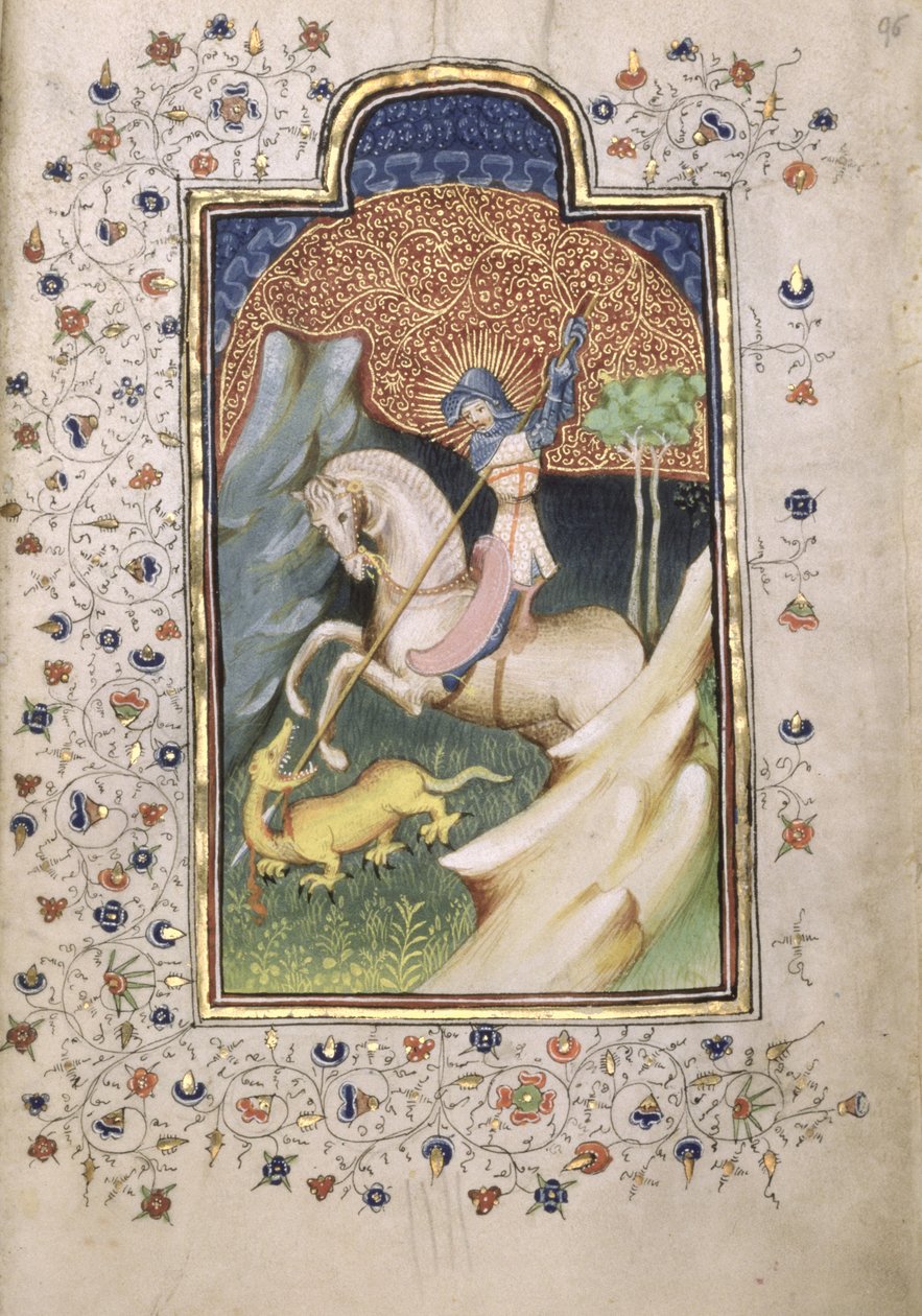 Szent György harc a sárkánnyal, 1420-30 (tempera és arany pergamen) alkotó: Master of the Embroidered Foliage