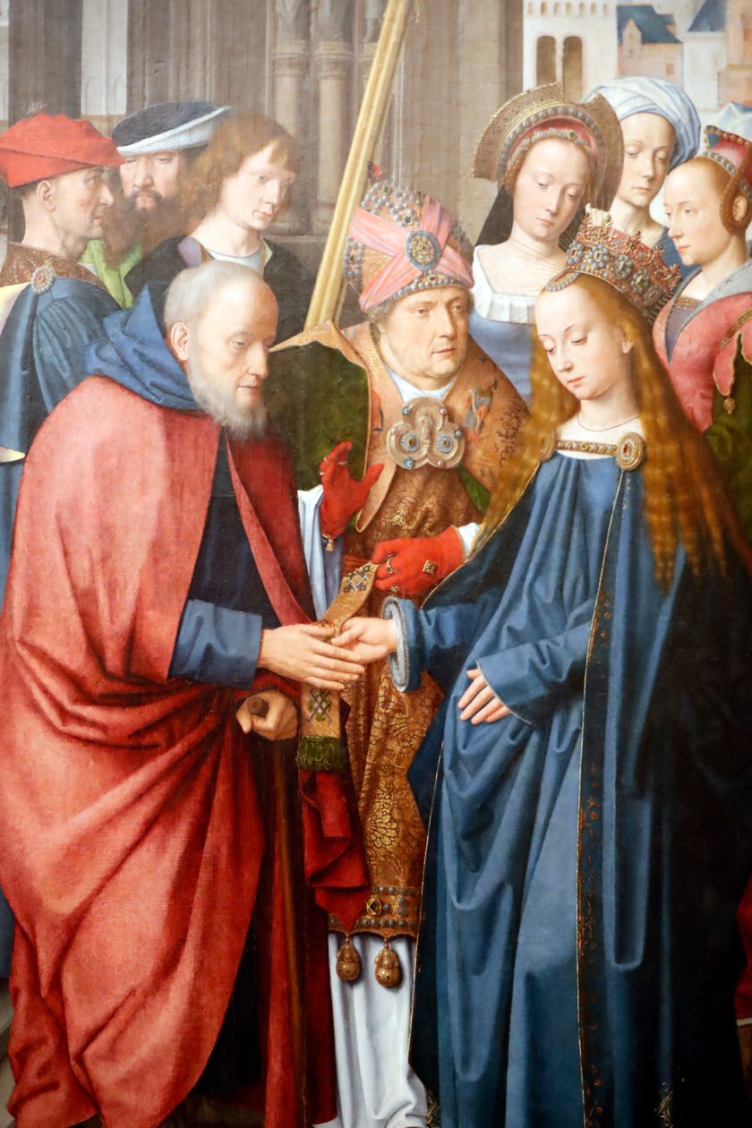 Evora Múzeum. Az Evora oltárkép mestere. Szűz és József esküvője. Olaj a panelen. Flamand iskola 1500. Portugália. alkotó: Master of the Evora Altarpiece