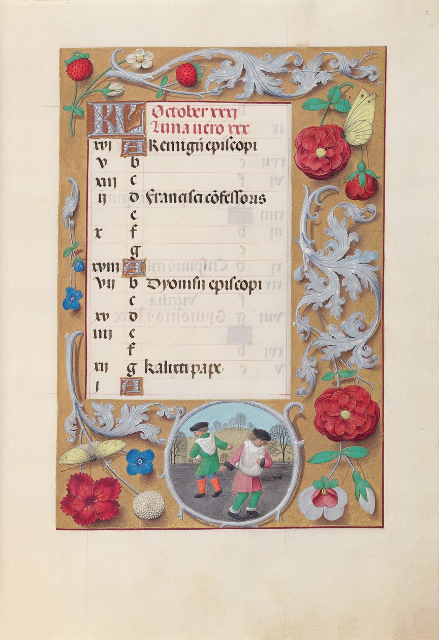 Izabella katolikus királyné, spanyol királynő órái: Fol. 11r, október, c. 1500. alkotó: Master of the First Prayerbook of Maximillian