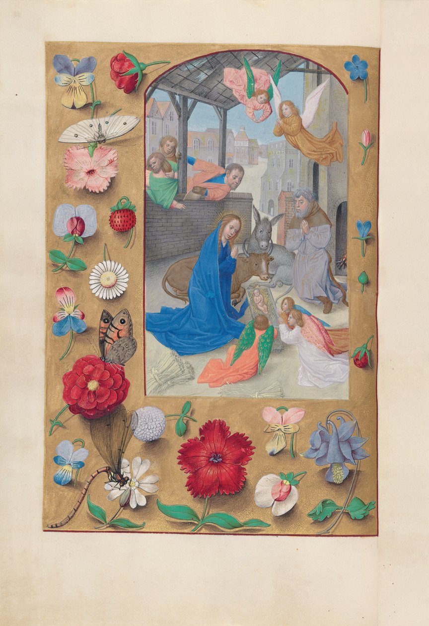 Izabella katolikus királyné, spanyol királynő órái: Fol. 126v, Születés, c. 1500. alkotó: Master of the First Prayerbook of Maximillian