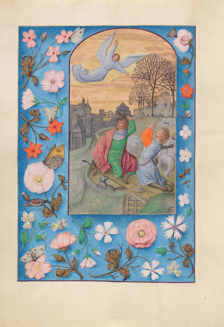 Izabella katolikus királynő, Spanyolország királynőjének órái:  Fol. 131v, A pásztoroknak szóló hirdetés. alkotó: Master of the First Prayerbook of Maximillian