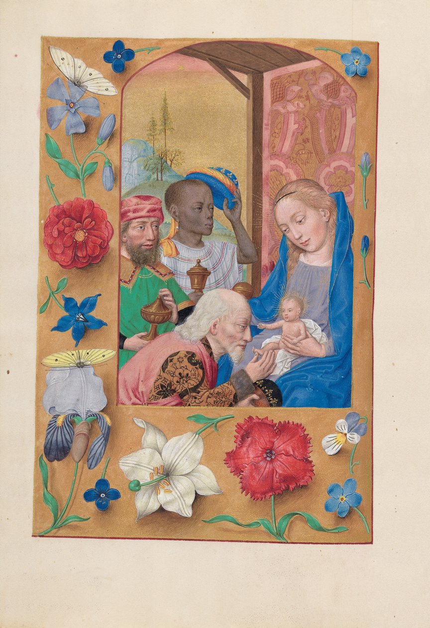 Izabella katolikus királyné, spanyol királynő órái: Fol. 136v, A mágusok imádása, c. 1500. alkotó: Master of the First Prayerbook of Maximillian