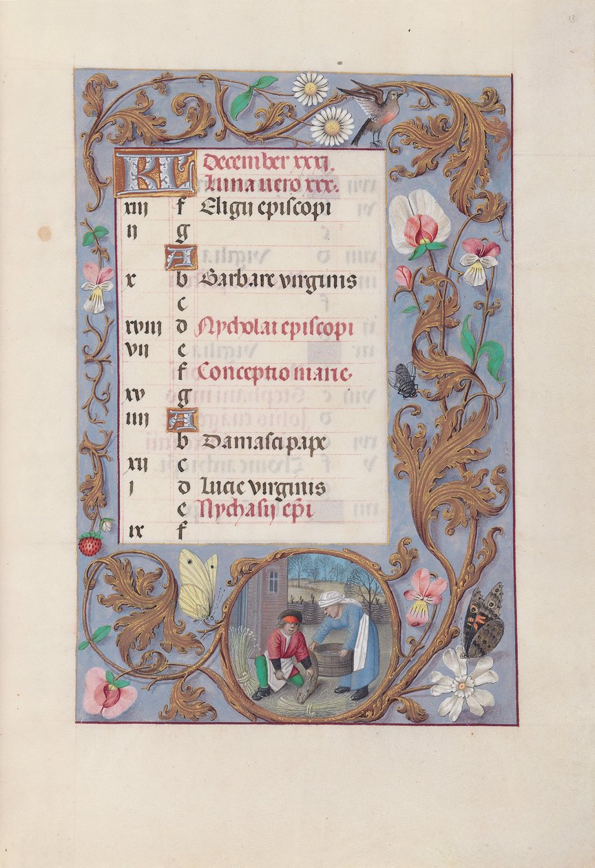 Izabella katolikus királyné, spanyol királynő órái: Fol. 13r, december, c. 1500. alkotó: Master of the First Prayerbook of Maximillian