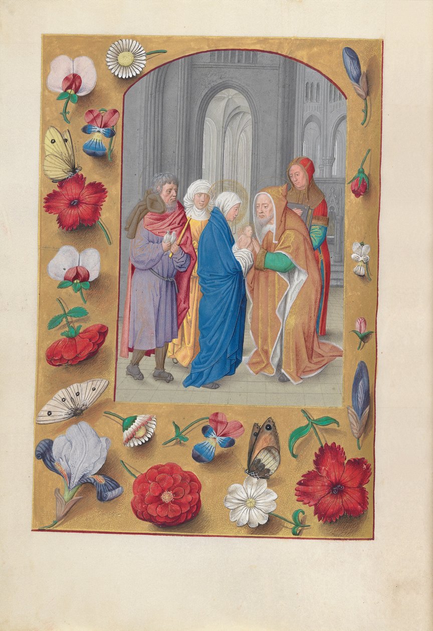 Izabella katolikus királyné, spanyol királynő órái: Fol. 141v, Bemutató a templomban, c1500. alkotó: Master of the First Prayerbook of Maximillian