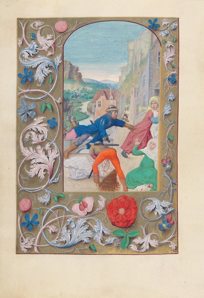 Izabella katolikus királynő, Spanyolország királynőjének órái:  Fol. 146v, Az ártatlanok lemészárlása és Egyiptomba menekülés. alkotó: Master of the First Prayerbook of Maximillian