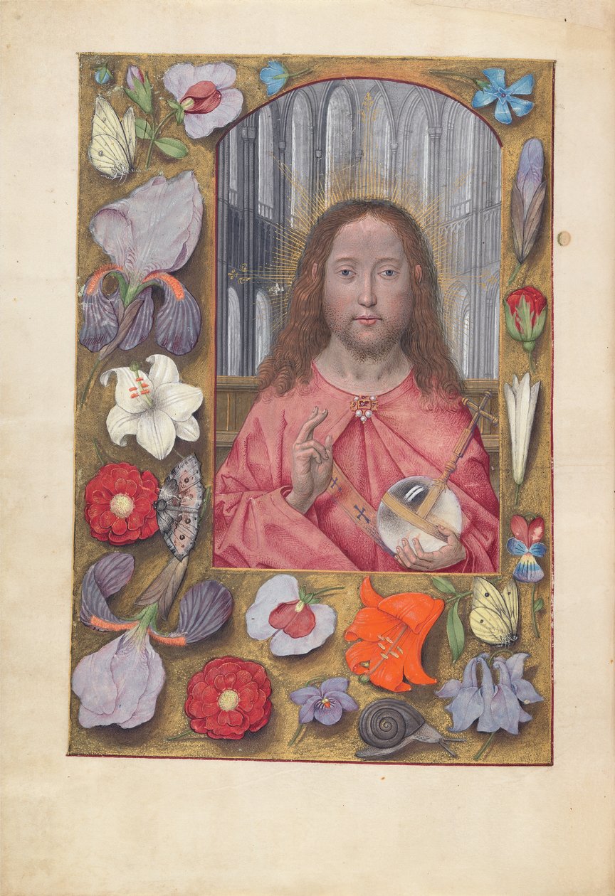 Izabella katolikus királyné, spanyol királynő órái: Fol. 14v, Salvator Mundi, c. 1500. alkotó: Master of the First Prayerbook of Maximillian