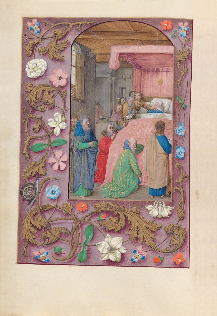 Izabella katolikus királyné, spanyol királynő órái: Fol. 154v, A Szűz halála, c. 1500. alkotó: Master of the First Prayerbook of Maximillian
