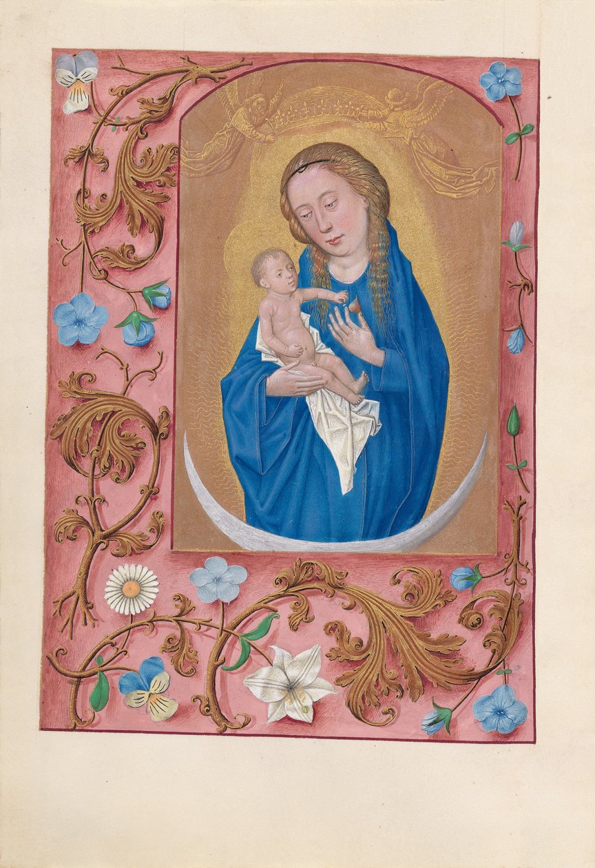 Izabella katolikus királyné, spanyol királynő órái: Fol. 159v, Napba öltözött nő, c1500. alkotó: Master of the First Prayerbook of Maximillian