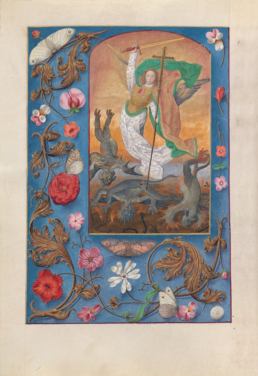 Izabella katolikus királyné, spanyol királynő órái: Fol. 167v, St. Michael, c. 1500. alkotó: Master of the First Prayerbook of Maximillian