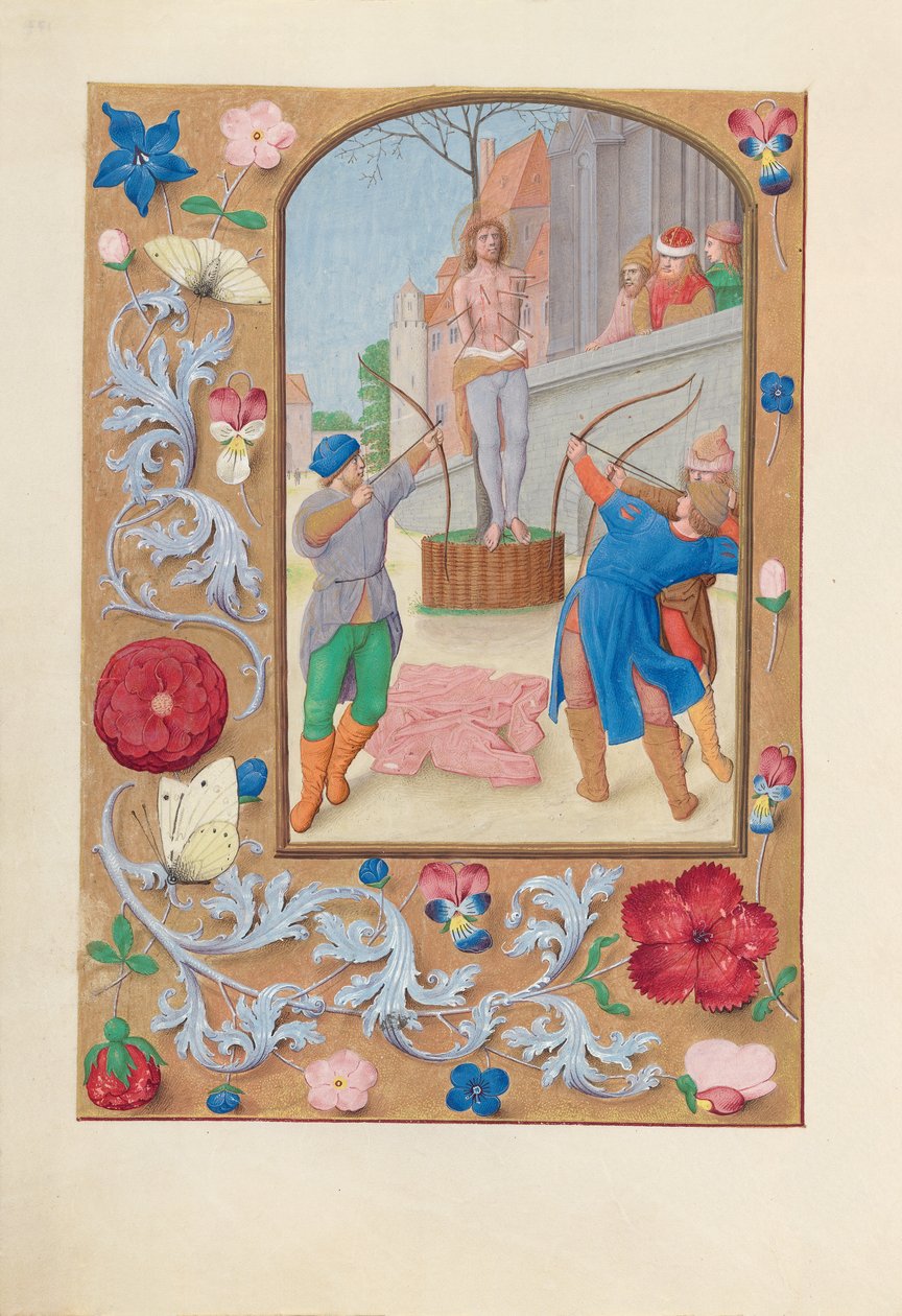 Izabella katolikus királyné, spanyol királynő órái: Fol. 177v, St. Sebastian, c. 1500. alkotó: Master of the First Prayerbook of Maximillian