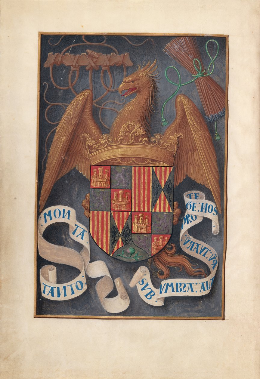 Izabella katolikus királyné, spanyol királynő órái: Fol. 1v, Isabel la Católica fegyverei és mottói alkotó: Master of the First Prayerbook of Maximillian