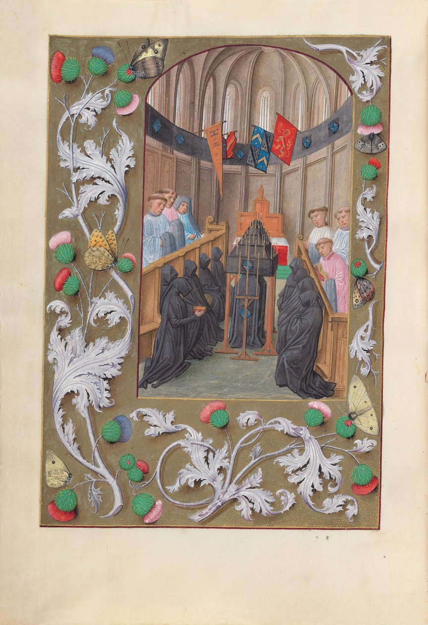 Izabella katolikus királyné, spanyol királynő órái: Fol. 219v, temetkezési szolgálat, c. 1500. alkotó: Master of the First Prayerbook of Maximillian