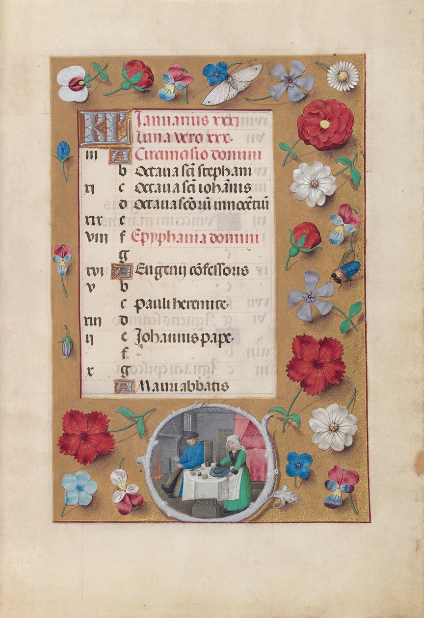 Izabella katolikus királyné, spanyol királynő órái: Fol. 2r, január - ünnep, c. 1500. alkotó: Master of the First Prayerbook of Maximillian