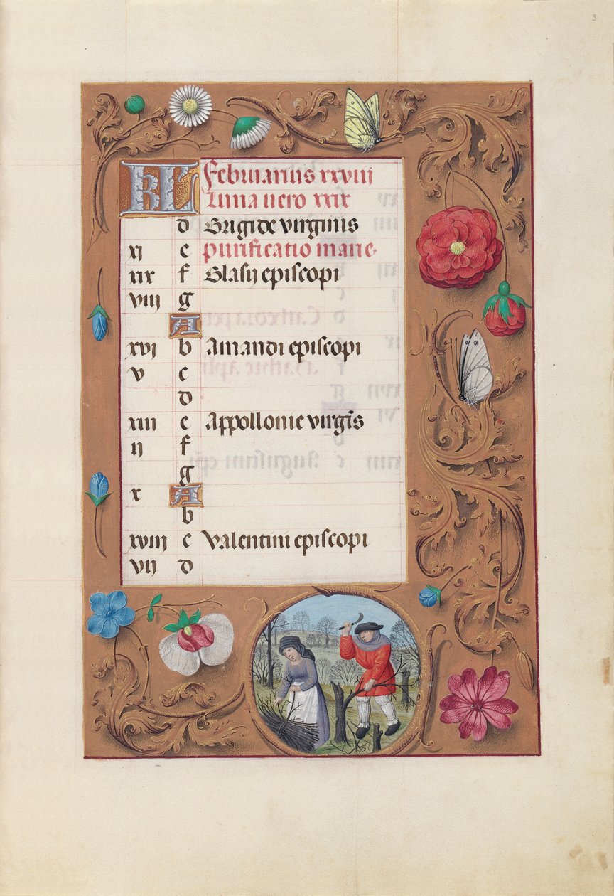 Izabella katolikus királyné, spanyol királynő órái: Fol. 3r, február, c. 1500. alkotó: Master of the First Prayerbook of Maximillian