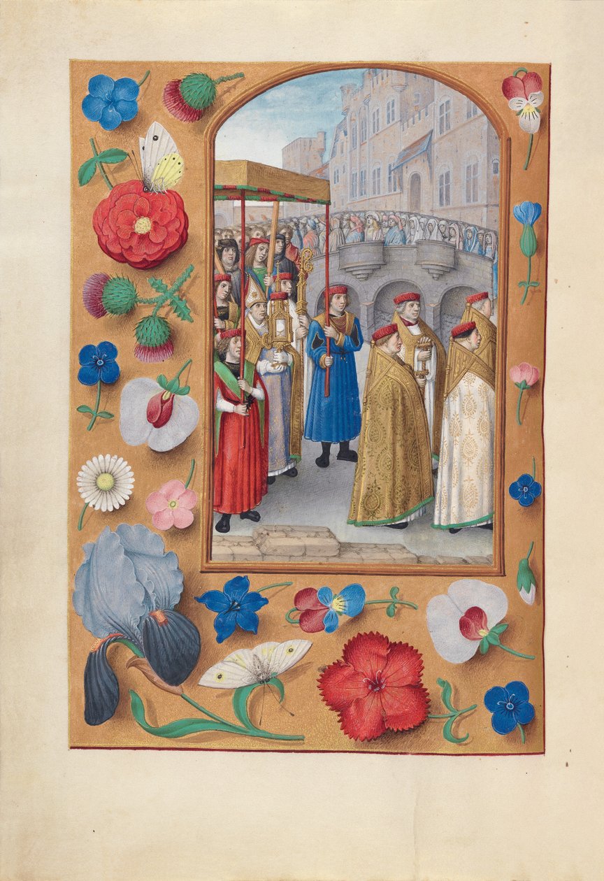 Izabella katolikus királynő, Spanyolország királynőjének órái:  Fol. 43v, A szentségimádás körmenete. alkotó: Master of the First Prayerbook of Maximillian