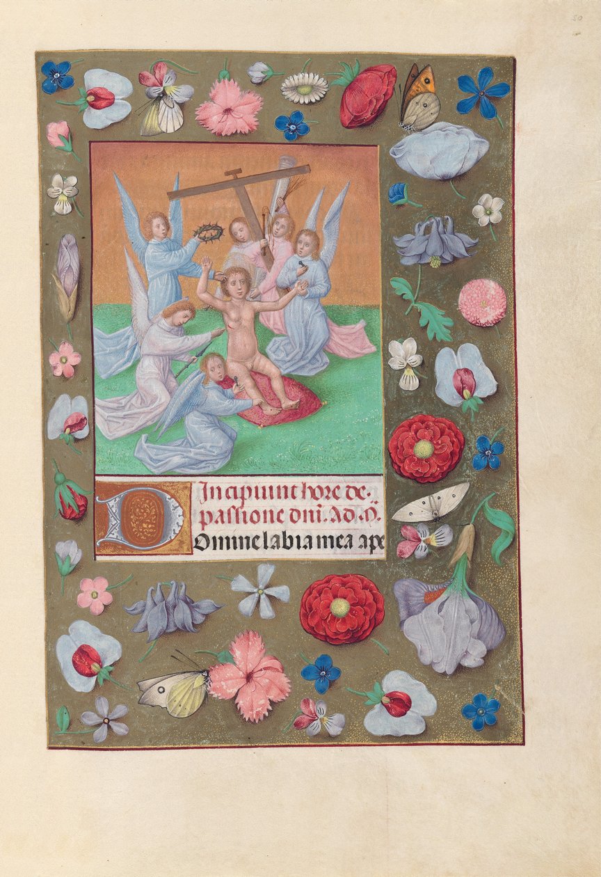 Izabella katolikus királynő, Spanyolország királynőjének órái:  Fol. 50r, Krisztus gyermek a szenvedés eszközeivel. alkotó: Master of the First Prayerbook of Maximillian