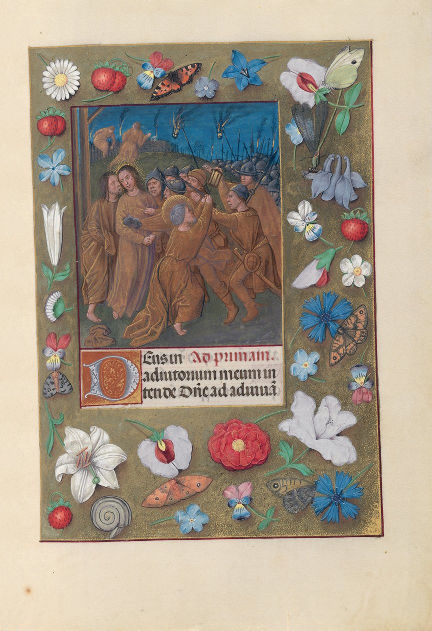 Izabella katolikus királynő, Spanyolország királynőjének órái:  Fol. 61r, Júdás csókja alkotó: Master of the First Prayerbook of Maximillian