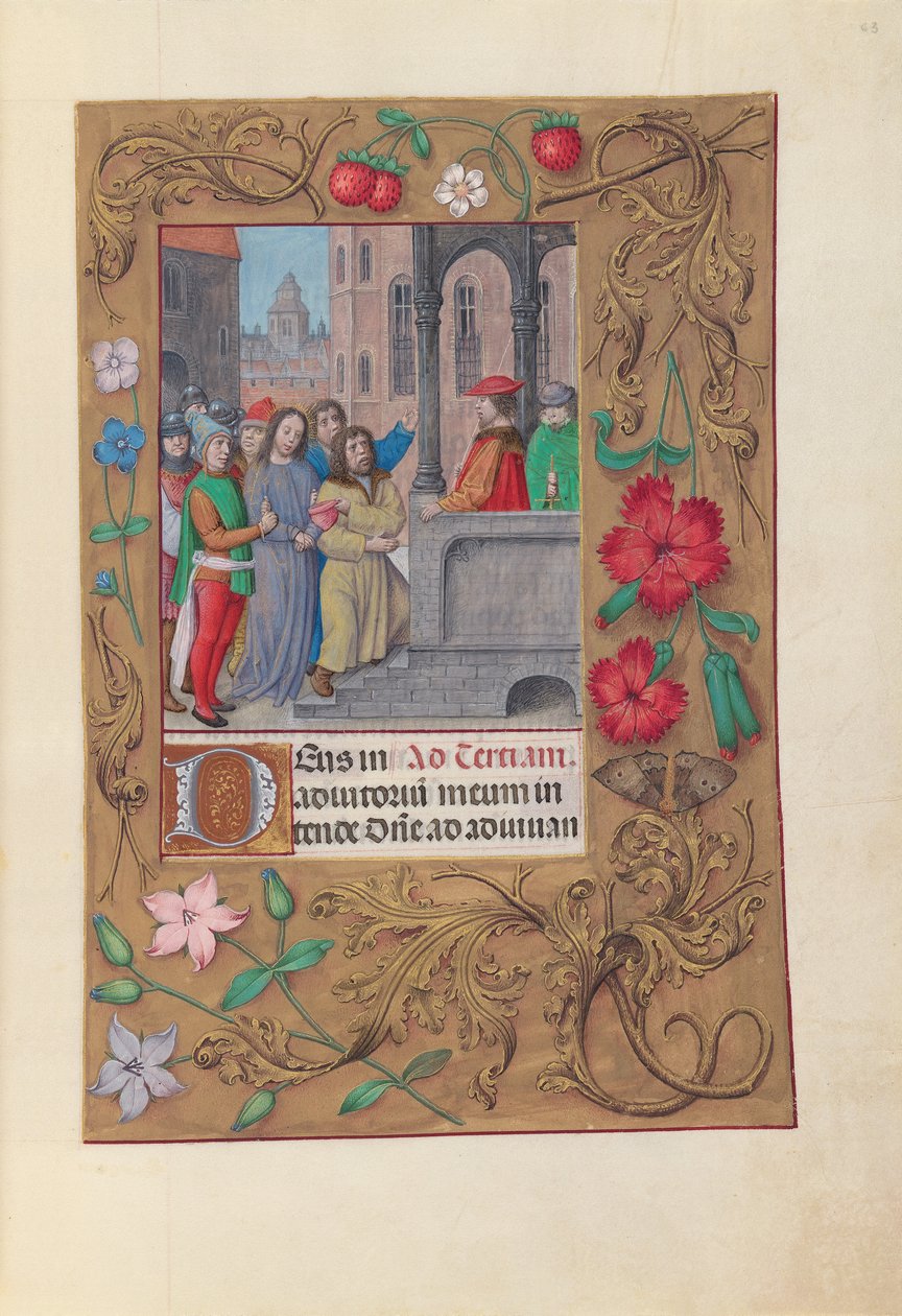 Izabella katolikus királyné, spanyol királynő órái: Fol. 63r, Krisztus Pilátus előtt, c. 1500. alkotó: Master of the First Prayerbook of Maximillian