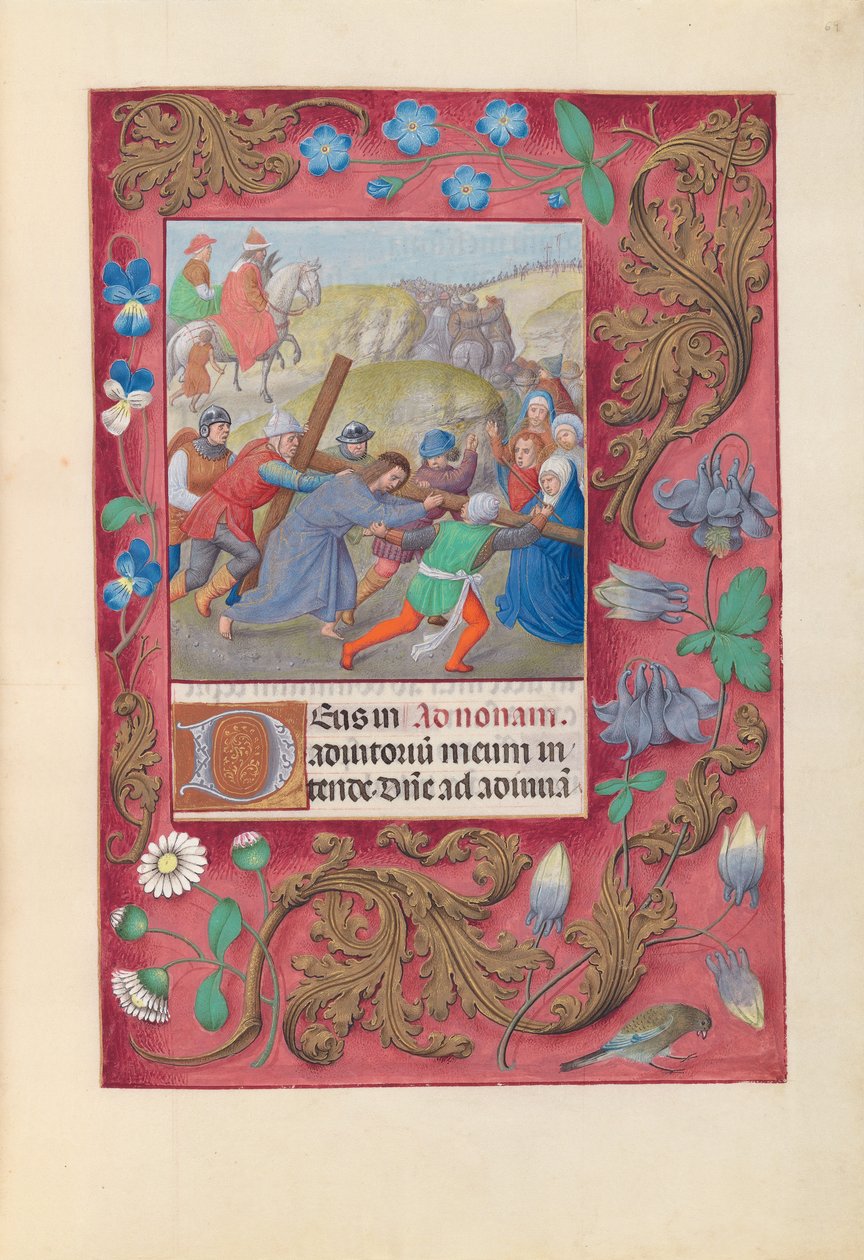 Izabella katolikus királyné, spanyol királynő órái: Fol. 69r, Krisztus a keresztet hordozó, c. 1500. alkotó: Master of the First Prayerbook of Maximillian