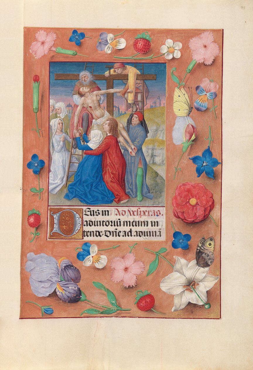 Izabella katolikus királyné, spanyol királynő órái: Fol. 73r, Leszállás a keresztről, c. 1500. alkotó: Master of the First Prayerbook of Maximillian