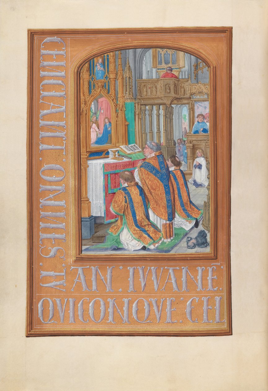 Izabella katolikus királyné, spanyol királynő órái: Fol. 87v, A szentmise celebrációja, c. 1500. alkotó: Master of the First Prayerbook of Maximillian