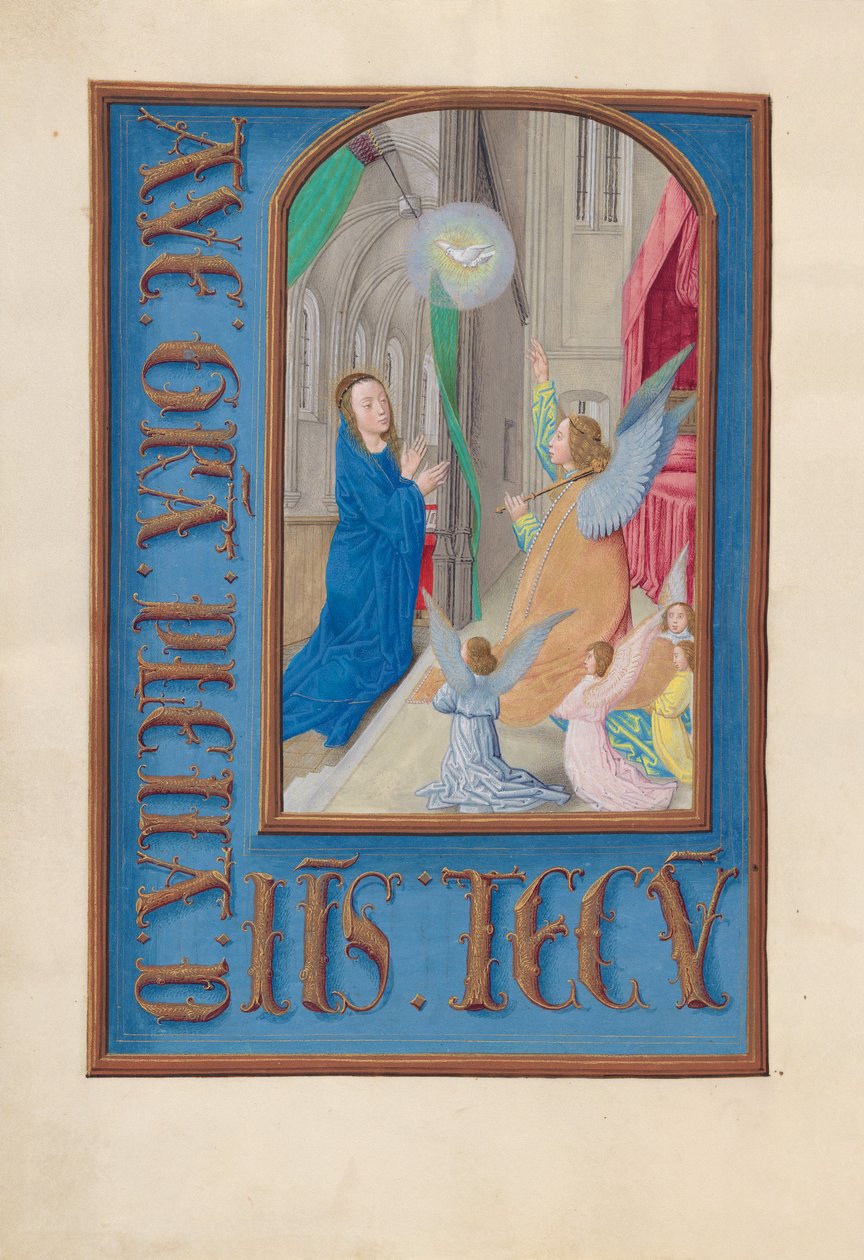 Izabella katolikus királynő, Spanyolország királynőjének órái:  Fol. 97v, Annunciáció alkotó: Master of the First Prayerbook of Maximillian