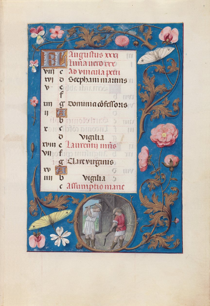 Izabella katolikus királyné, spanyol királynő órái: Fol. 9r, augusztus - Cséplő búza, c. 1500. alkotó: Master of the First Prayerbook of Maximillian